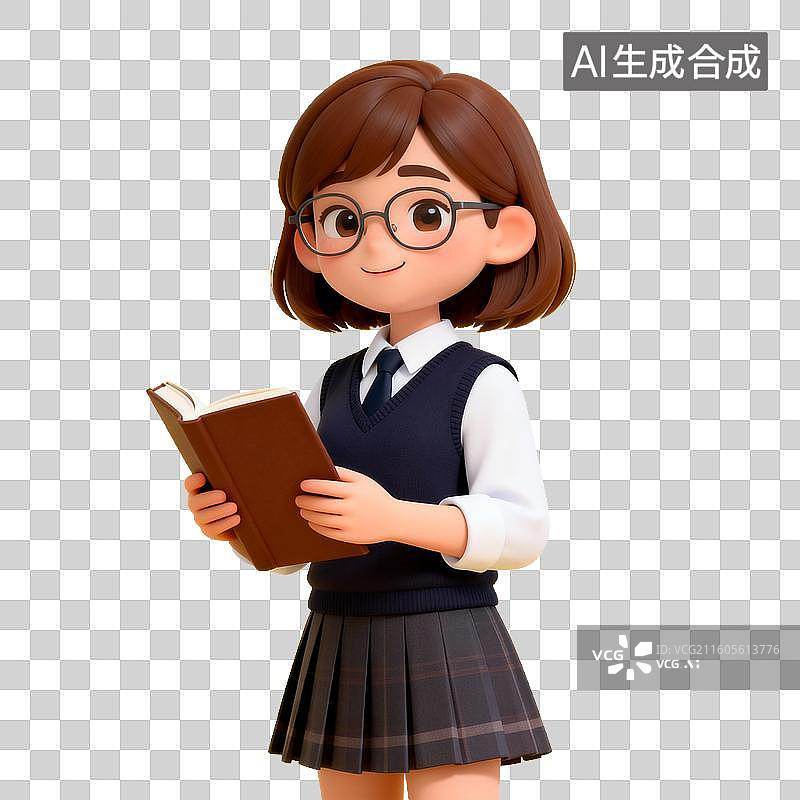 【AI数字艺术】教育主题 戴眼镜的女孩正在读书图片素材