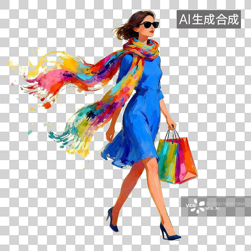 【AI数字艺术】电商购物 时尚人物 彩巾女子提袋行走图片素材
