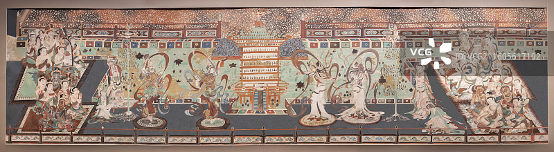 中国美术馆-墨韵文脉-甘肃丝路艺术珍品展-临摹莫高窟第220窟-舞乐图-1986年-敦煌研究院藏图片素材