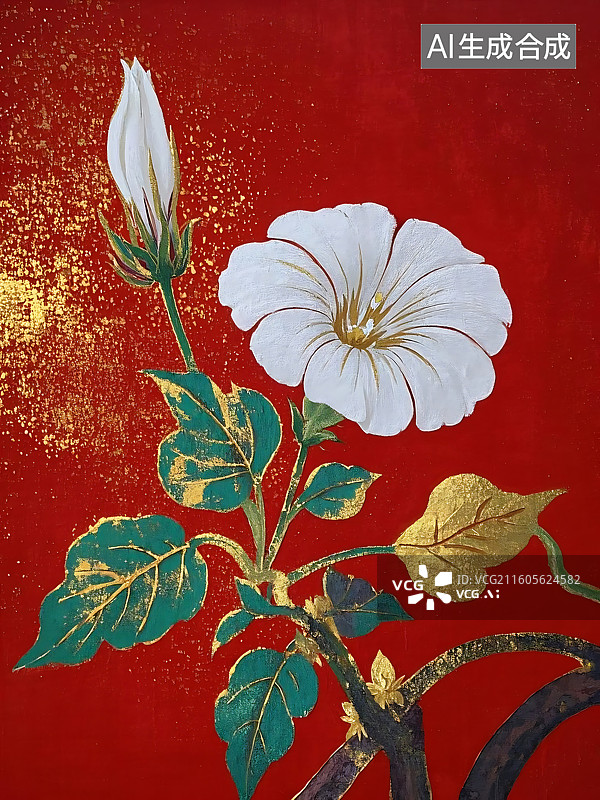 【AI数字艺术】红底白花金叶：优雅的东方风格图片素材