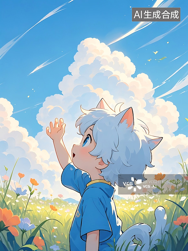 【AI数字艺术】晴空下的猫耳少年，仰望白云图片素材