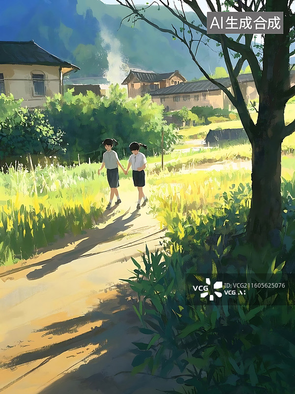 【AI数字艺术】夏日午后：手牵手的女孩们图片素材