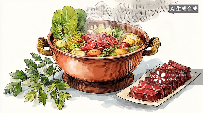 【AI数字艺术】热气腾腾的铜锅火锅图片素材
