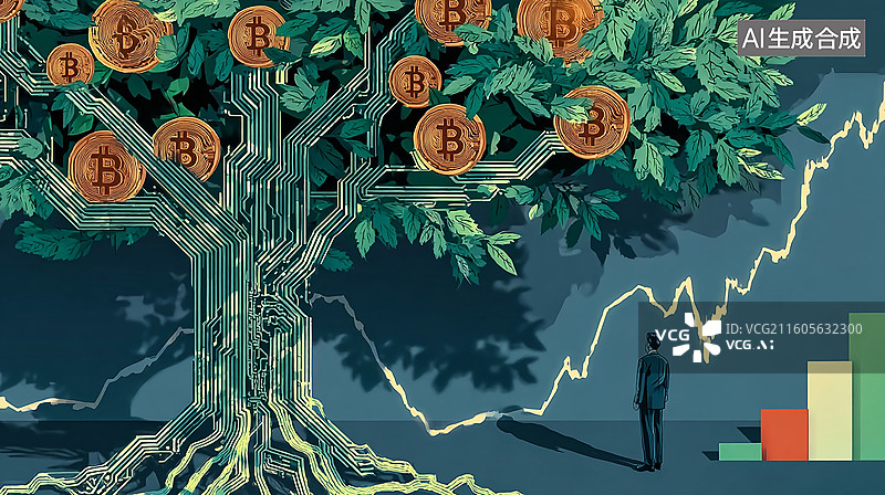 【AI数字艺术】比特币生长树与金融分析图片素材