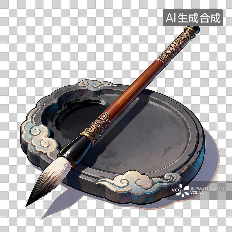 【AI数字艺术】国风手绘插画，文房四宝，砚台，端砚，歙砚，书法，毛笔，免抠元素图片素材