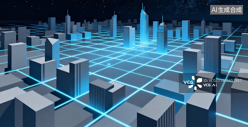 【AI数字艺术】未来城市网格光影图图片素材