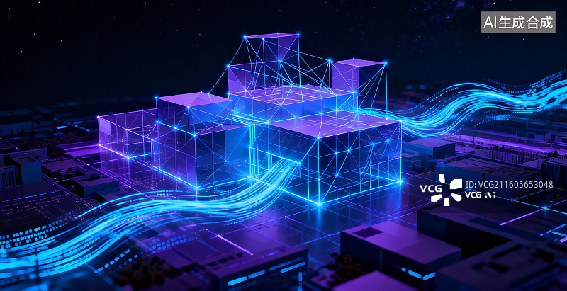 【AI数字艺术】蓝色光流连接的立方体结构图片素材