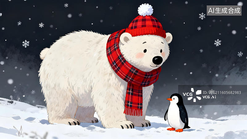 【AI数字艺术】北极熊与企鹅雪地相伴图片素材