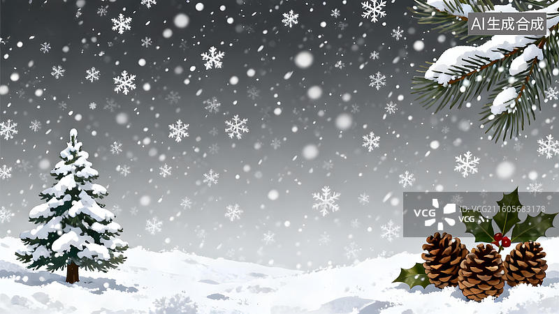 【AI数字艺术】雪中松树与松果的冬日景象图片素材