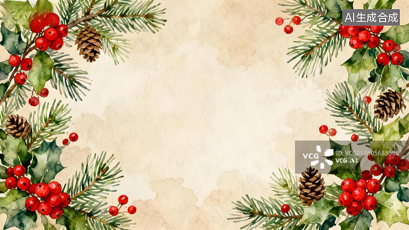 【AI数字艺术】圣诞花环水彩背景图片素材