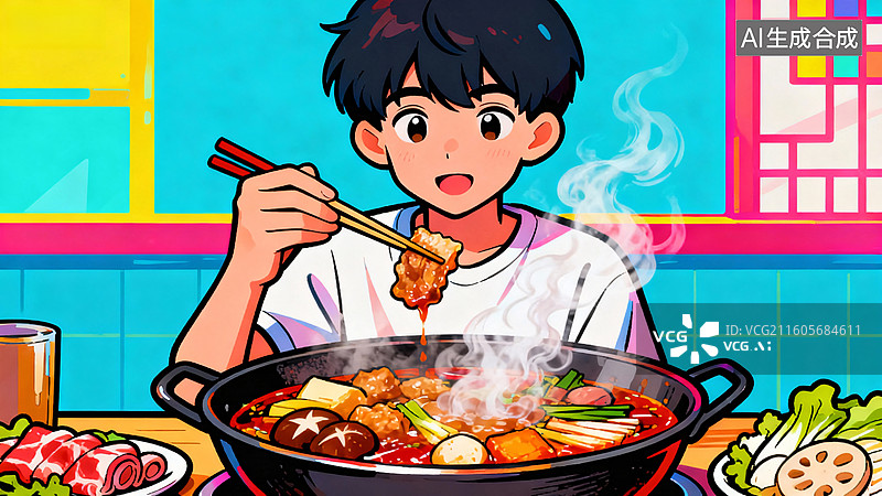 【AI数字艺术】男孩吃火锅的快乐瞬间图片素材