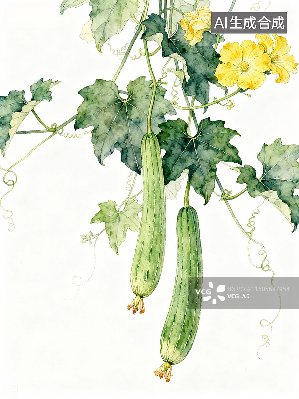 【AI数字艺术】水彩丝瓜藤蔓图图片素材