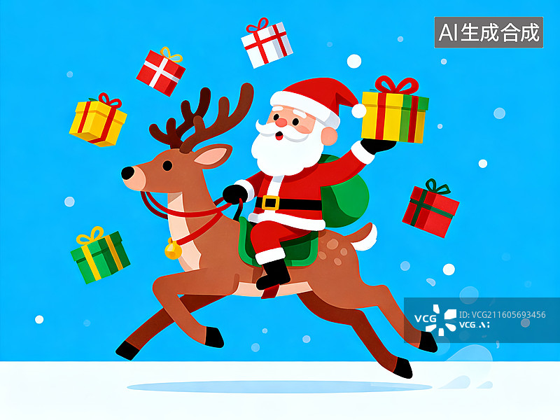 【AI数字艺术】骑着驯鹿一手托礼物盒的圣诞老人 圣诞主题插画图片素材