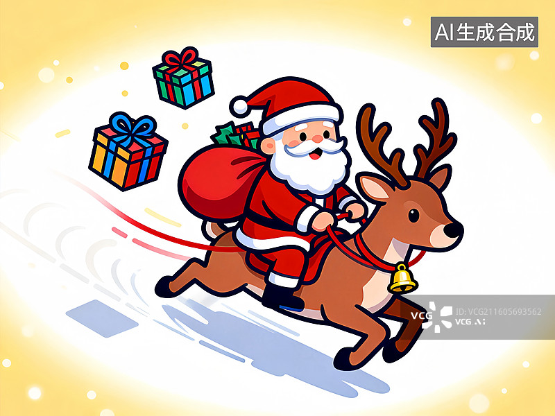 【AI数字艺术】背着行李袋骑着驯鹿的圣诞老人 圣诞节主题插画图片素材