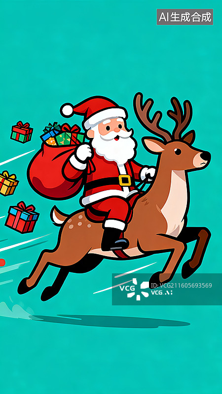【AI数字艺术】背着行李袋骑着驯鹿的圣诞老人 圣诞节主题插画图片素材