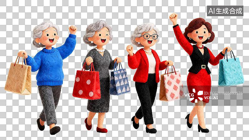 【AI数字艺术】3D毛毡风格一群快乐的老年妇女闺蜜在商场购物，老年经济银发经济元素图片素材