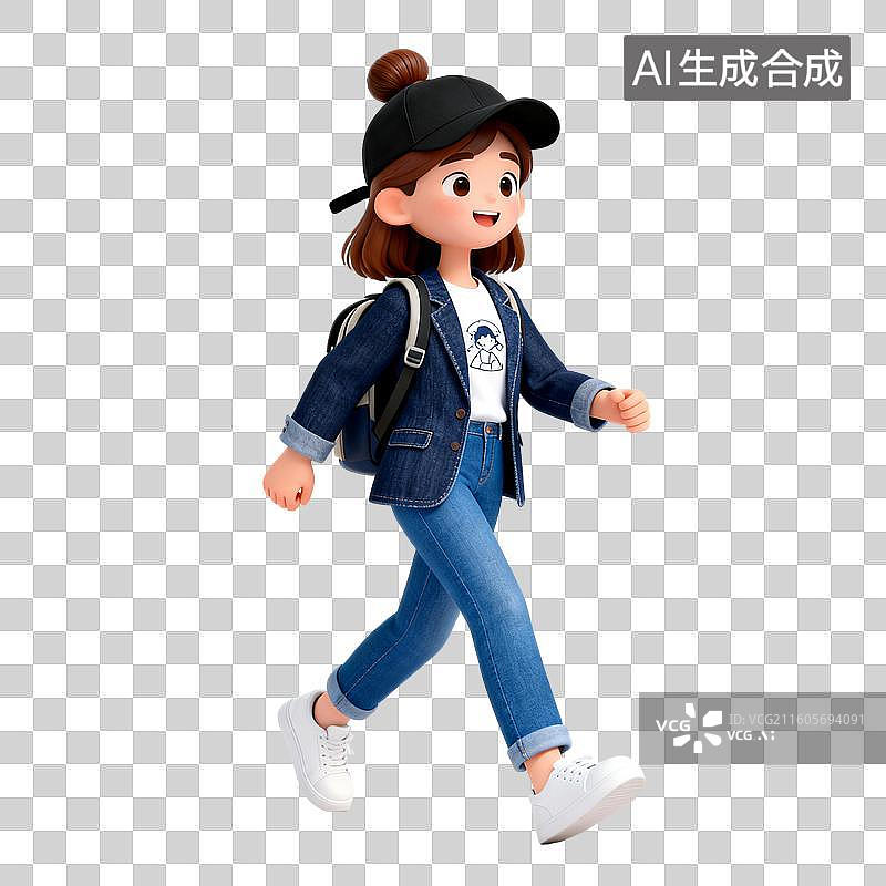 【AI数字艺术】免抠卡通人物-穿着牛仔装行走的活力女孩3D形象图片素材