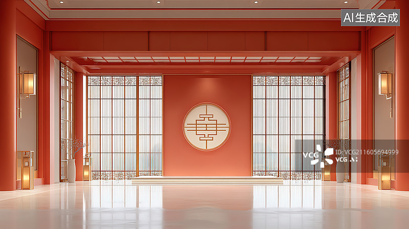 【AI数字艺术】国风新中式红色室内大厅人造空间图片素材