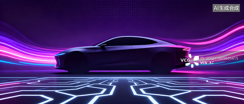 【AI数字艺术】未来感跑车霓虹光影环绕图片素材