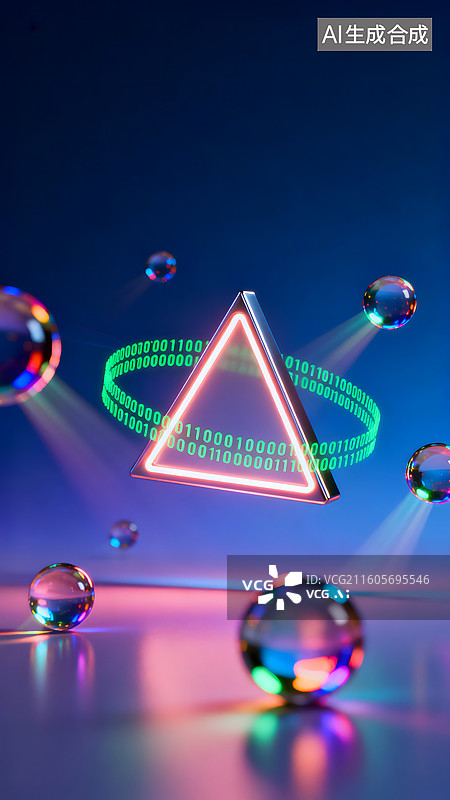 【AI数字艺术】霓虹三角与二进制数据流环绕水晶球图片素材