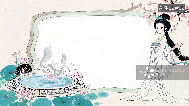 【AI数字艺术】古风女子赏花煮茶图图片素材