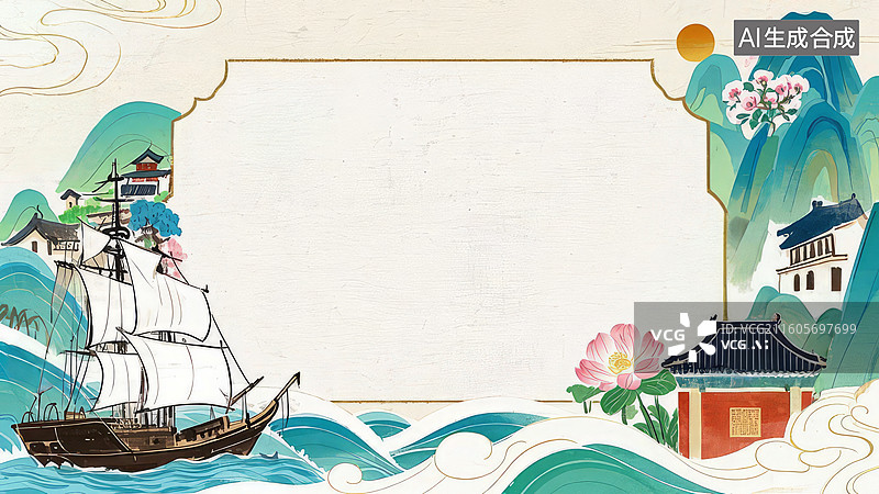 【AI数字艺术】山水船阁古风插画图片素材