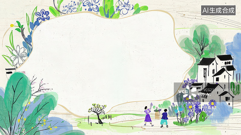 【AI数字艺术】田园风光中的人物散步图图片素材