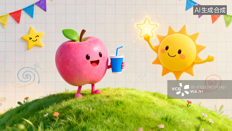 【AI数字艺术】卡通苹果与太阳举杯欢庆图片素材
