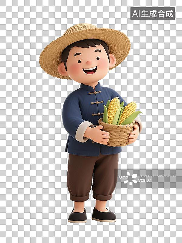 【AI数字艺术】3D渲染卡通农民，农民丰收节，拿着玉米的农民，农民伯伯，免抠元素图片素材