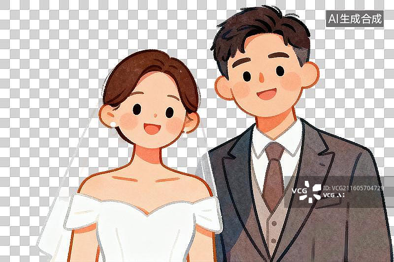 【AI数字艺术】卡通风格，穿着西式婚纱拍照的一对新婚夫妻PNG格式的免扣元素图片素材