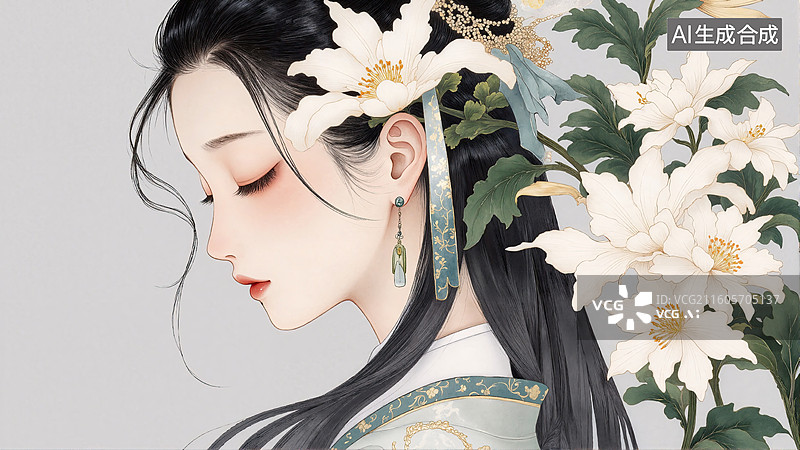 【AI数字艺术】古风女子花影图片素材