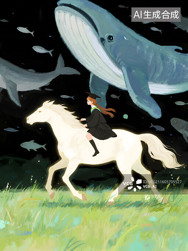 【AI数字艺术】中国水墨风格，毛刷绘画质感，极简，几何，毛毡质感，朦胧，发光，轮廓光，留着长发，骑马的女生图片素材