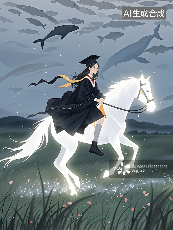 【AI数字艺术】中国水墨风格，毛刷绘画质感，极简，几何，毛毡质感，朦胧，发光，轮廓光，留着长发，骑马的女生图片素材