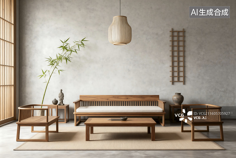 【AI数字艺术】简约现代室内木质家具布置图片素材