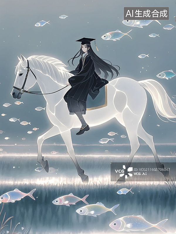 【AI数字艺术】中国水墨风格，毛刷绘画质感，极简，几何，毛毡质感，朦胧，发光，轮廓光，留着长发，骑马的女生图片素材