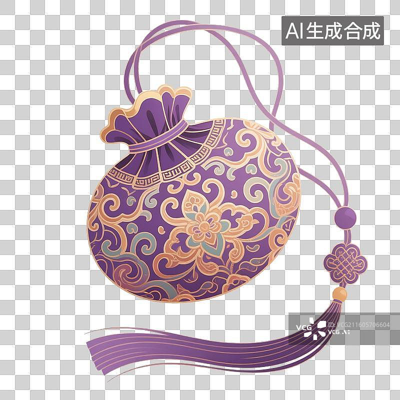 【AI数字艺术】中国风手绘插画，紫色福袋，国风小物件，端午节香囊，艾草香包，荷包，七夕节，锦缎香包锦囊挂件，免抠元素图片素材