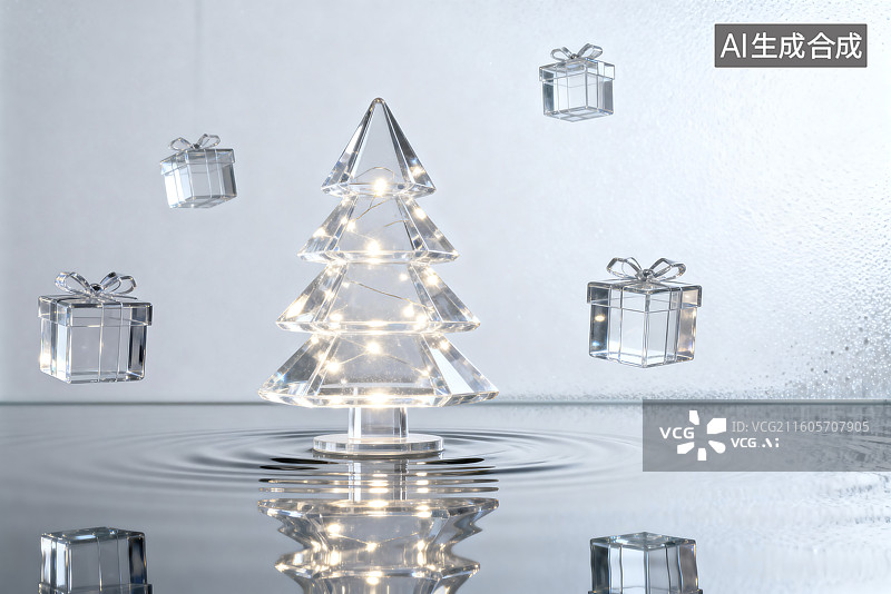 【AI数字艺术】透明水晶圣诞树与漂浮礼物图片素材