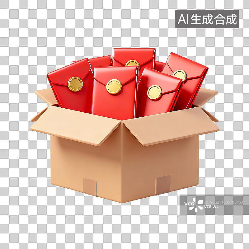 【AI数字艺术】3D渲染卡，快递，纸箱里装着许多红包，红包，购物节促销，优惠券，新年春节，免抠元素图片素材