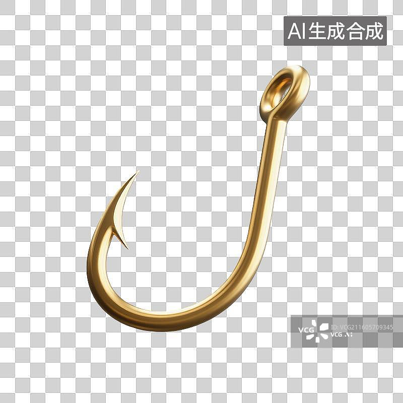 【AI数字艺术】3D渲染，金色金属鱼钩，钓鱼，垂钓，休闲娱乐，户外活动，露营，免抠元素图片素材