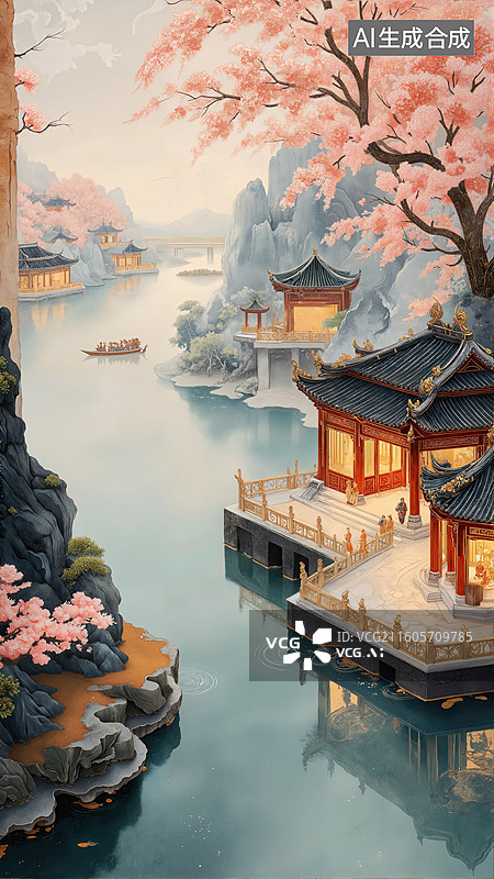 【AI数字艺术】春江花月夜景图片素材