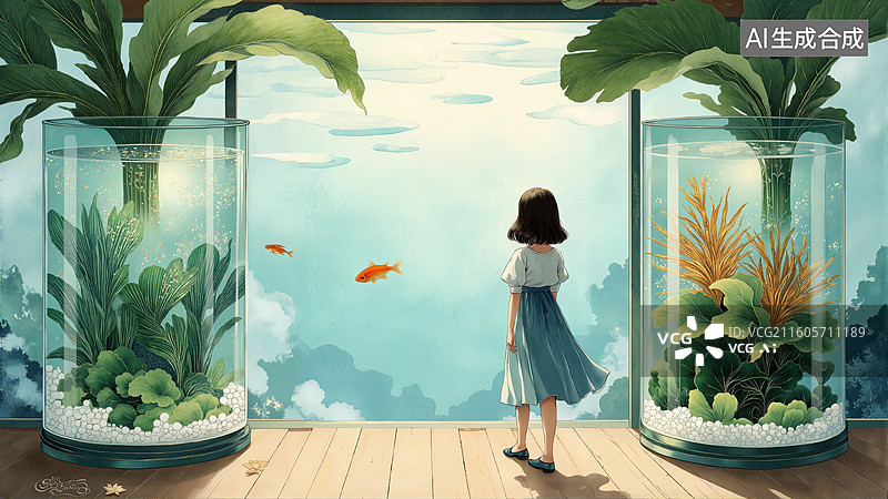 【AI数字艺术】女孩凝望水族箱图片素材