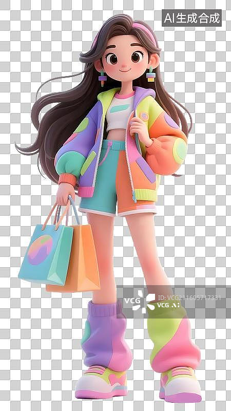 【AI数字艺术】AIGC:3D人物拿着购物袋的时尚女孩，多巴胺，电商购物，时尚人物，设计元素，免抠图形图片素材