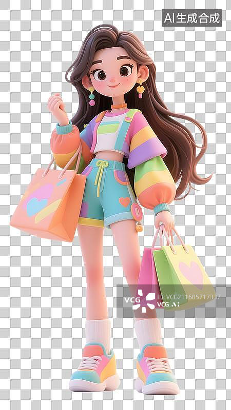 【AI数字艺术】AIGC:3D人物拿着购物袋的时尚女孩，多巴胺，电商购物，时尚人物，设计元素，免抠图形图片素材