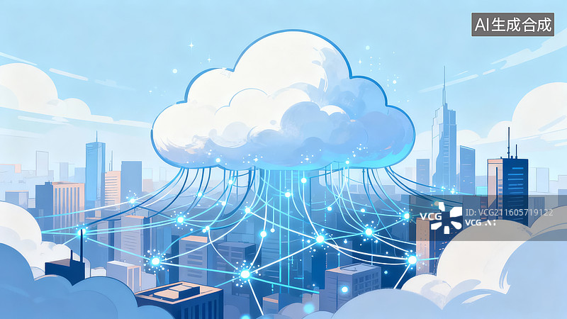 【AI数字艺术】城市上空的云网络连接图片素材