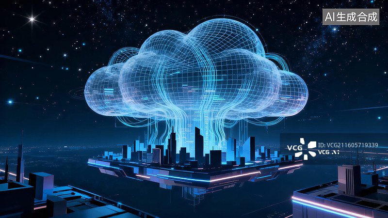 【AI数字艺术】未来城市与云网络连接图片素材