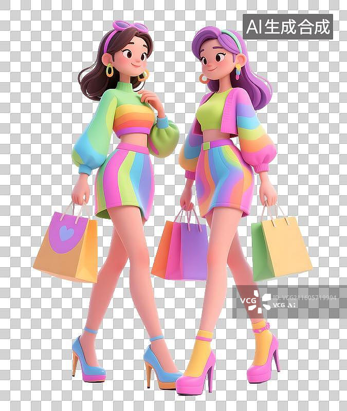 【AI数字艺术】AIGC:3D人物，闺蜜一起逛街，时尚潮流购物逛街，元素，免抠图形图片素材