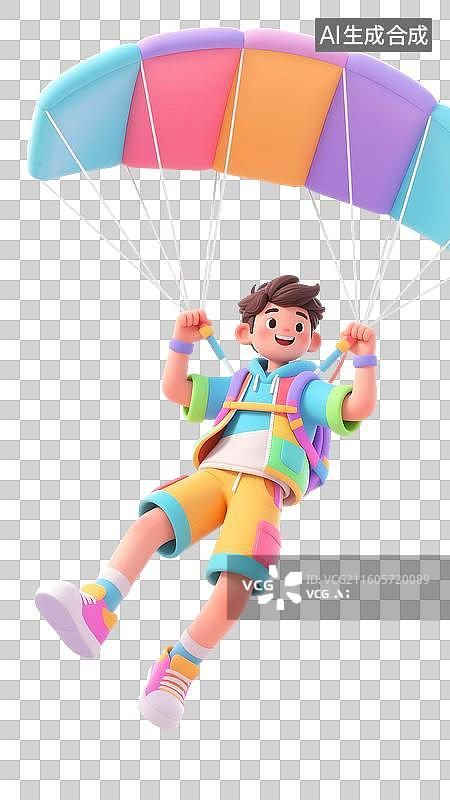 【AI数字艺术】AIGC:3D人物，跳伞运动，极限运动，时尚潮流，年轻活力青年人，设计元素，免抠图形图片素材