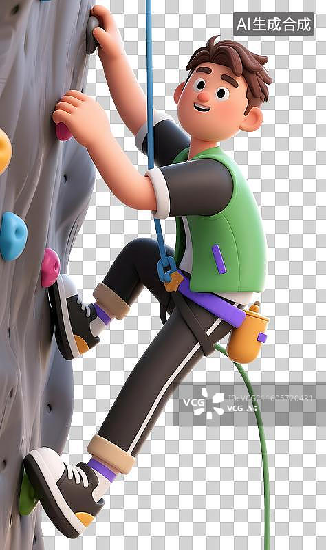 【AI数字艺术】AIGC:3D人物，户外攀岩的年轻人，极限运动，时尚 活力 潮流，设计元素，免抠图形图片素材