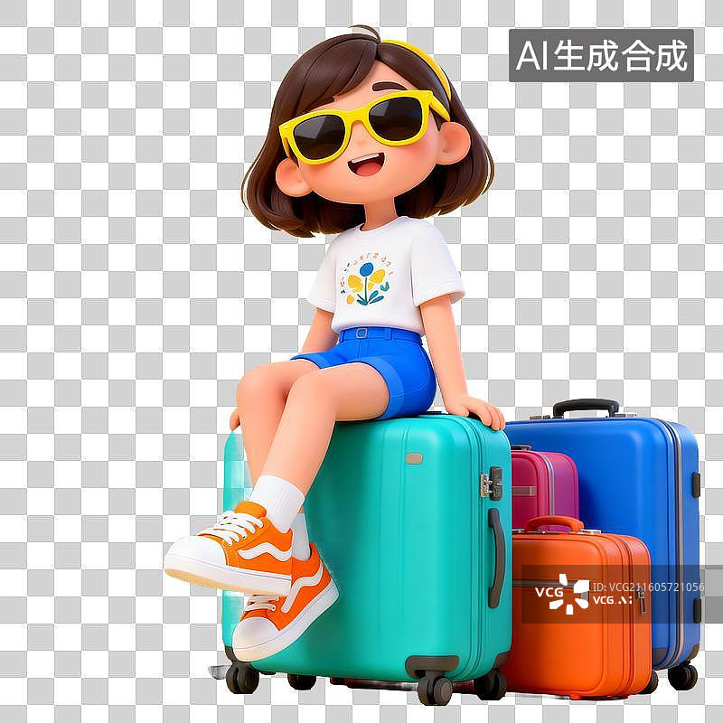 【AI数字艺术】旅游出行 女孩坐在行李箱上微笑图片素材