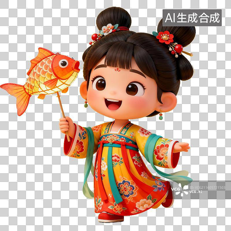 【AI数字艺术】穿传统服饰的女孩手持鱼灯图片素材